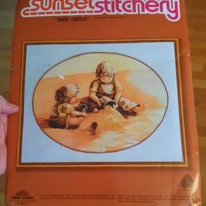 New vtg Crewel embroidery craft kit kids on beach Sunset Stitchery